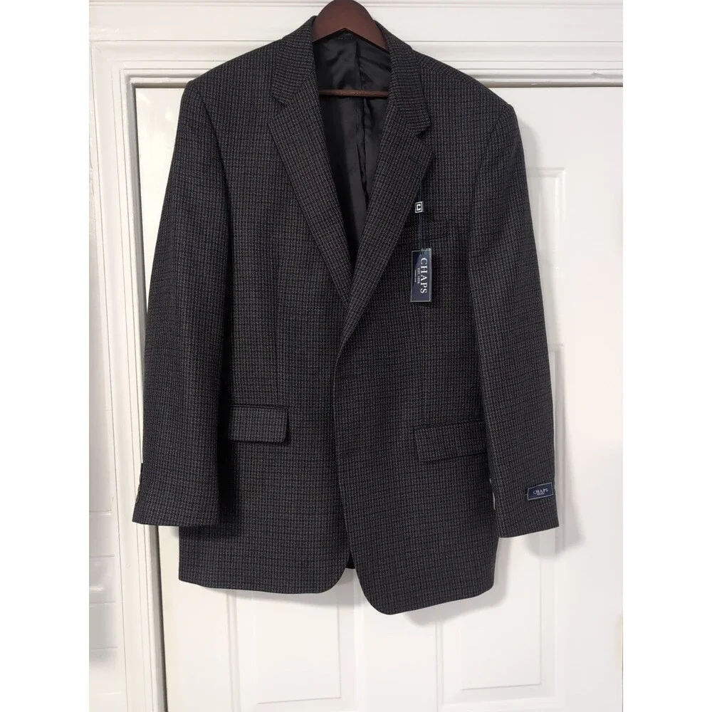 CHAPS SPORT COAT MEN'S 42L NAVY BLUE Lambswool Houndstooth 2 Button Blazer